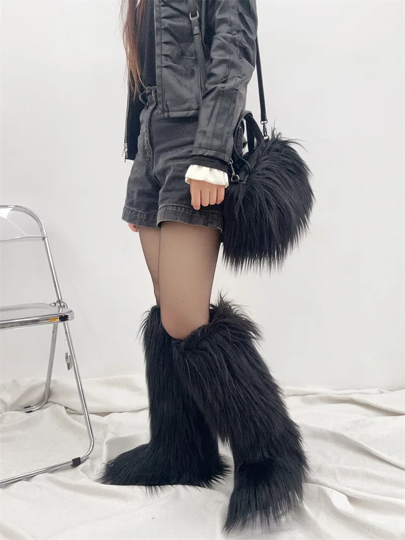 Factory Direct Wholesale fashion women thigh high boots lady furry boots shoes and bags set for ladies