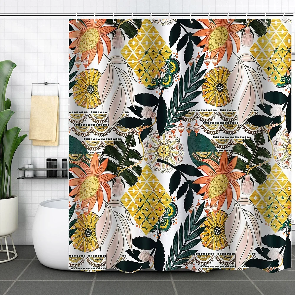 Amazon hot sell 3D Printing Tropical Jungle Plant Flower Waterproof Shower Curtain Polyester Summer Waterproof Bath Curtain