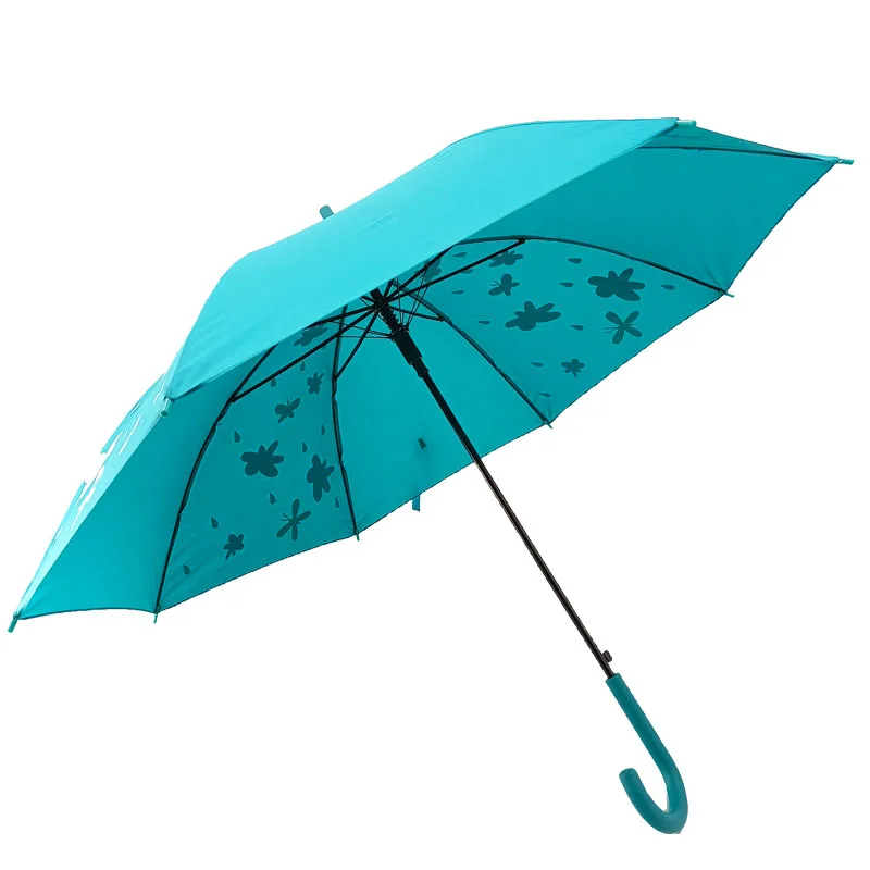 Lake Blue Butterfly Change Color Customized Logo Print Semi-automatic Windproof Straight Umbrella With Matching Color J Handle