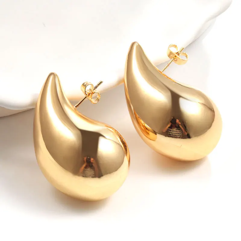 Vintage Gold Plated Metal Chunky Dome Drop Earrings for Women Fashion Glossy Thick Teardrop Earrings Lightweight Hoops Jewelry