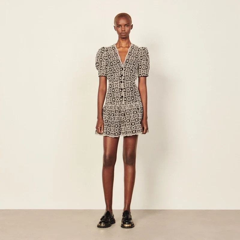 SANDRO Wholesale Custom 2022 Women Geometric Printed V-neck Mini Dress France Paris Brand Summer New Sexy Embroidery Lace