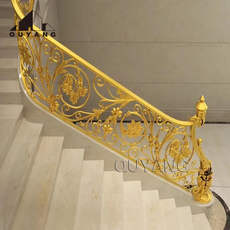 QUYANG Customized Villa Living Room  Metal Staircase Handrail Decoration Luxury Golden  Brass Bronze Balustrade