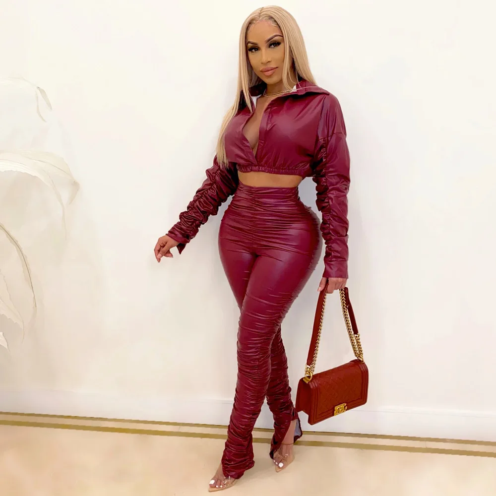 PU leather stack pants 2 piece set for women v neck long sleeve crop tops and pants sets