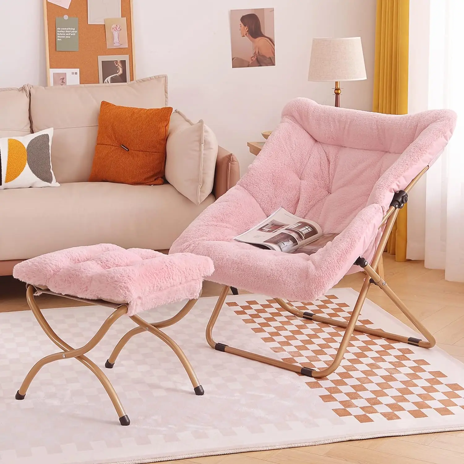 Soft Faux Fur Oversized Folding Accent Lounge Lazy Moon Chairs Living Room Garden Courtyard Modern Saucer Chair with Ottoman