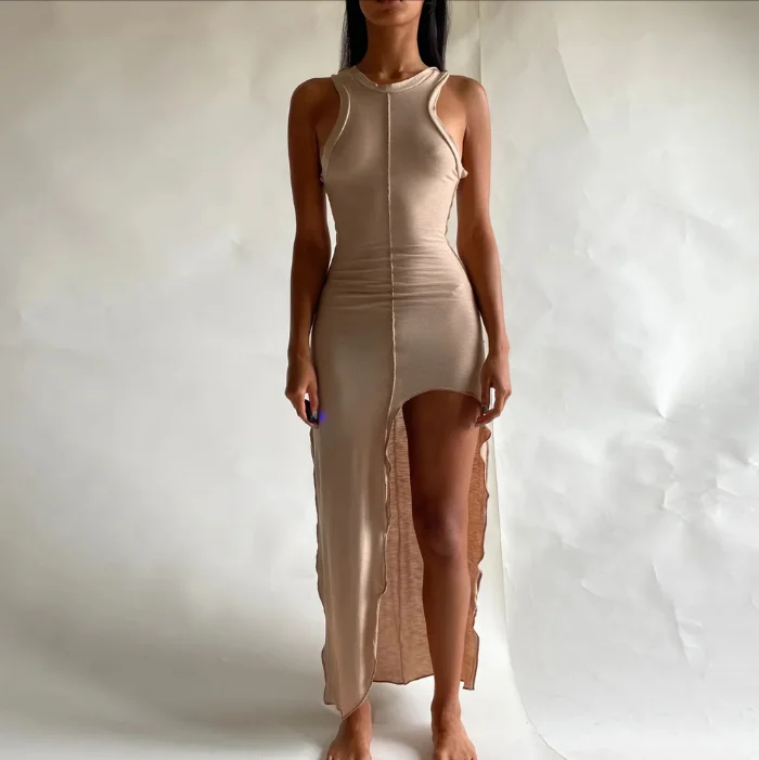 
XQ1379 Pure color summer simple sexy hot selling dress sexy slit sleeveless long women dress 