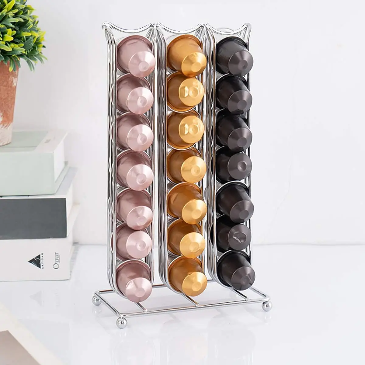 Coffee Pod Capsule Holder for 42 Pieces Nespresso Coffee Capsules Display Pods Stand Shelf, Coffee Capsule Storage Rack Chrome