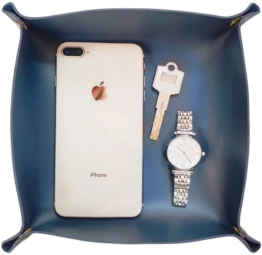 Leather Jewelry Tray Watch Coin Change Key Phone Catchall Valet Tray for Storage Nightstand Organizer