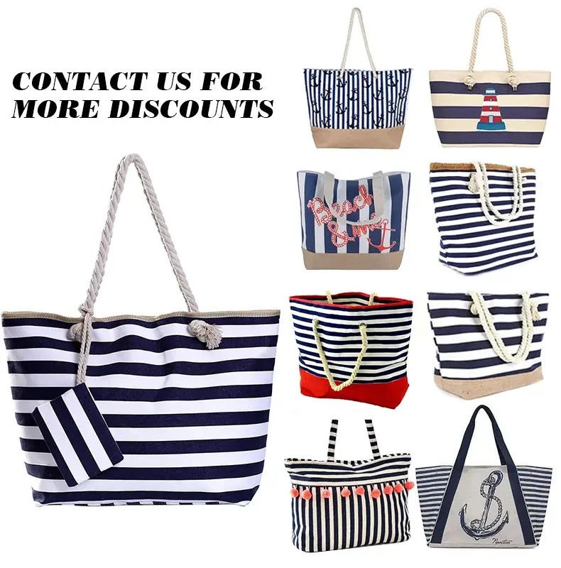 Custom Logo Summer China Factory Hot Sale Classical Blue & White Stripe Canvas Women Tote Beach Bag