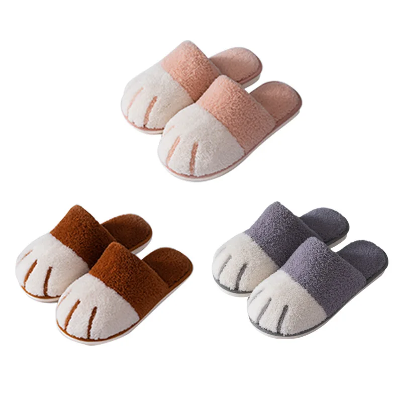Custom wholesale winter home cat paw cartoon cute warm indoor plush cat paw slippers