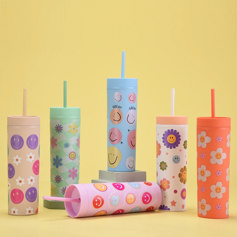 Fancy Cute Creative fashion Designed Pattern Double Wall Acrylic BPA-free Water Bottle Tumbler With Reusable Straw For Kids Home