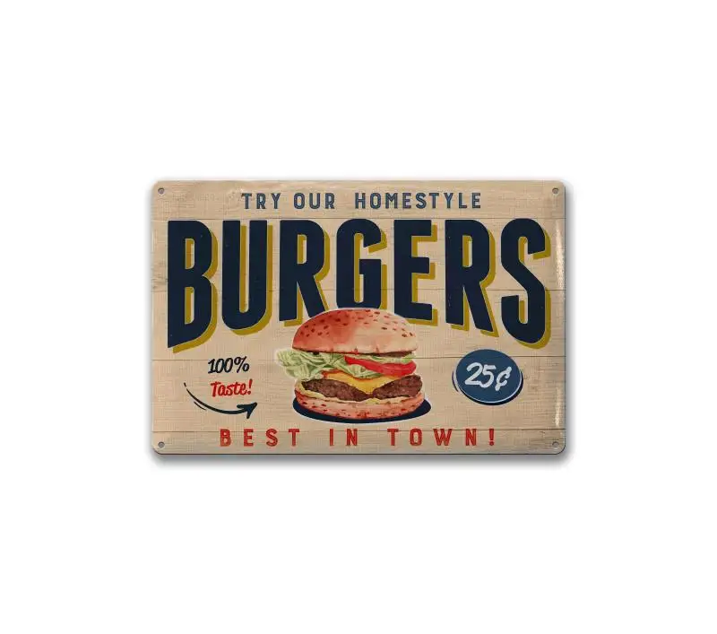 Hanging Wall Metal Decoration Vintage Hot Hamburger Shop Iron Sheet Decoration Painting Signs Metal Tin