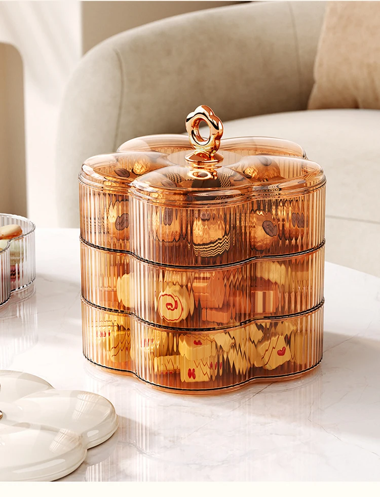 Multiple Tire Flower Shape Design Plastic Serving Platter Snack Tray with Lid for Biscuit Candy Nut Candy