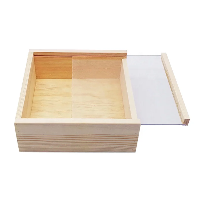Fancy pine wood natural color custom gift box with transparent acrylic lid wood packaging box