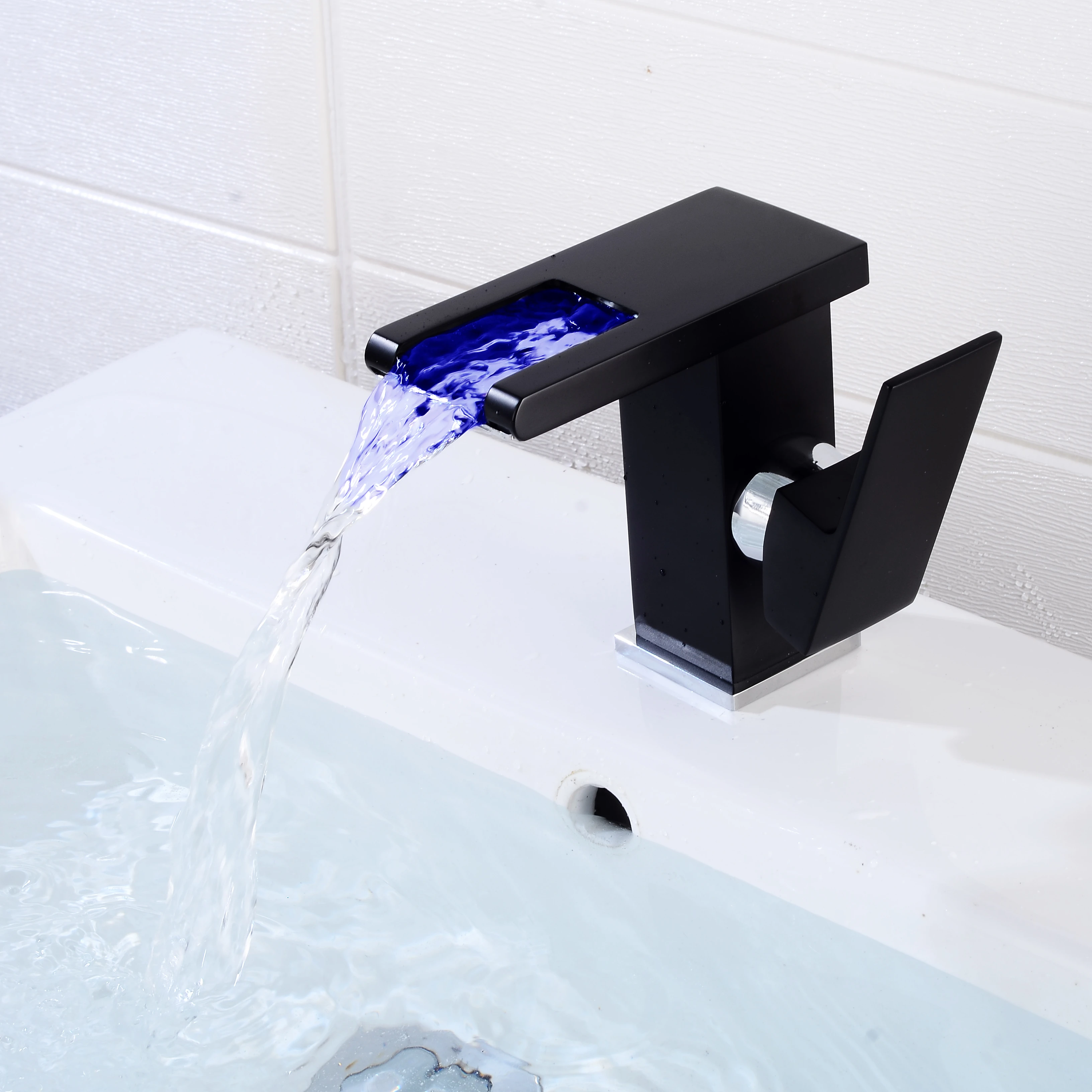 Hydropower LED 3 Color bathroom deck mounted modern style black brushed waterfall faucet cold and hot water tap waterfall tap