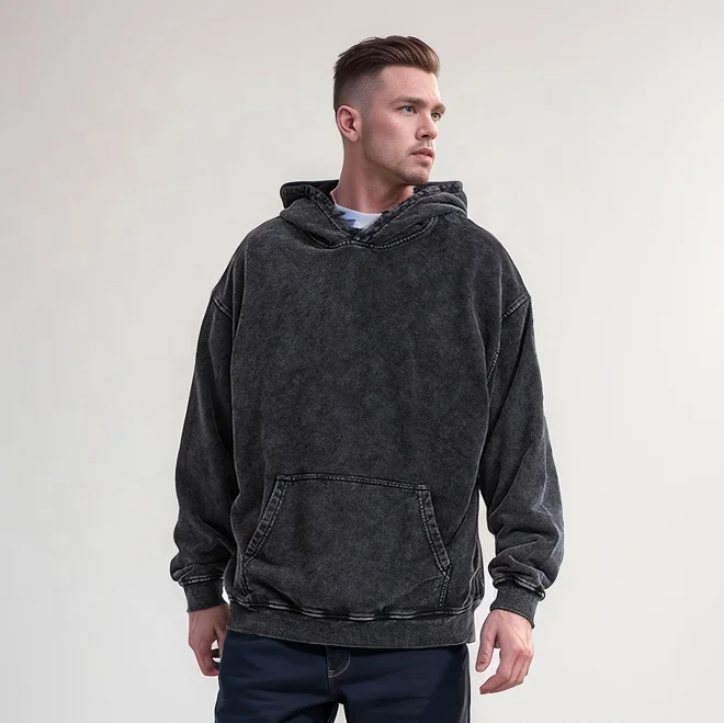 INFLATION Acid Washed Hoodie Men Custom Logo Printed OEM Black Oversized Men Sweatshirt Hoodie