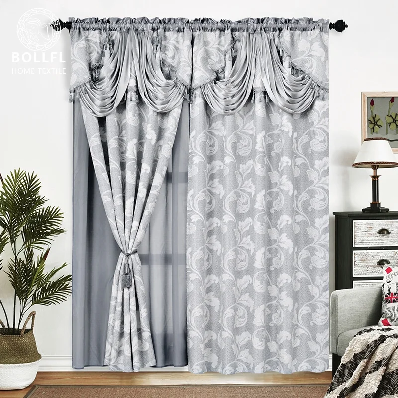 
Grey Fancy Jacquard Curtain with Attached Valance and Tassels Decoration on the Top for Living Room or Cafe 