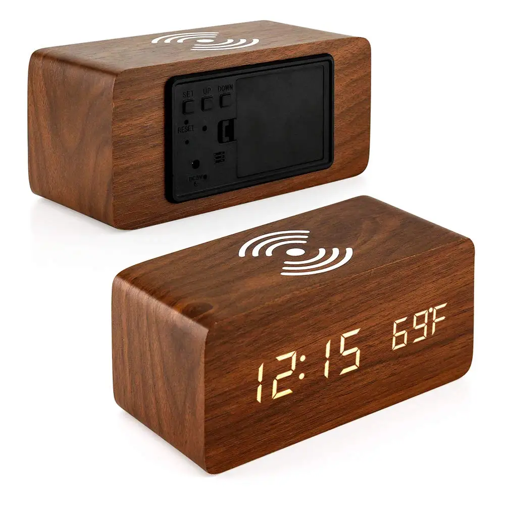 Factory Direct Led Alarm Clock Wifi  Wooden Digital Clock with Wireless Phone Charging