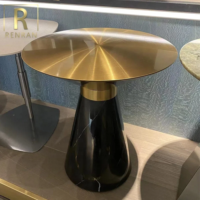 Italy luxury chrome modern villa living room sofa side table metal top nature marble base modern side coffee table