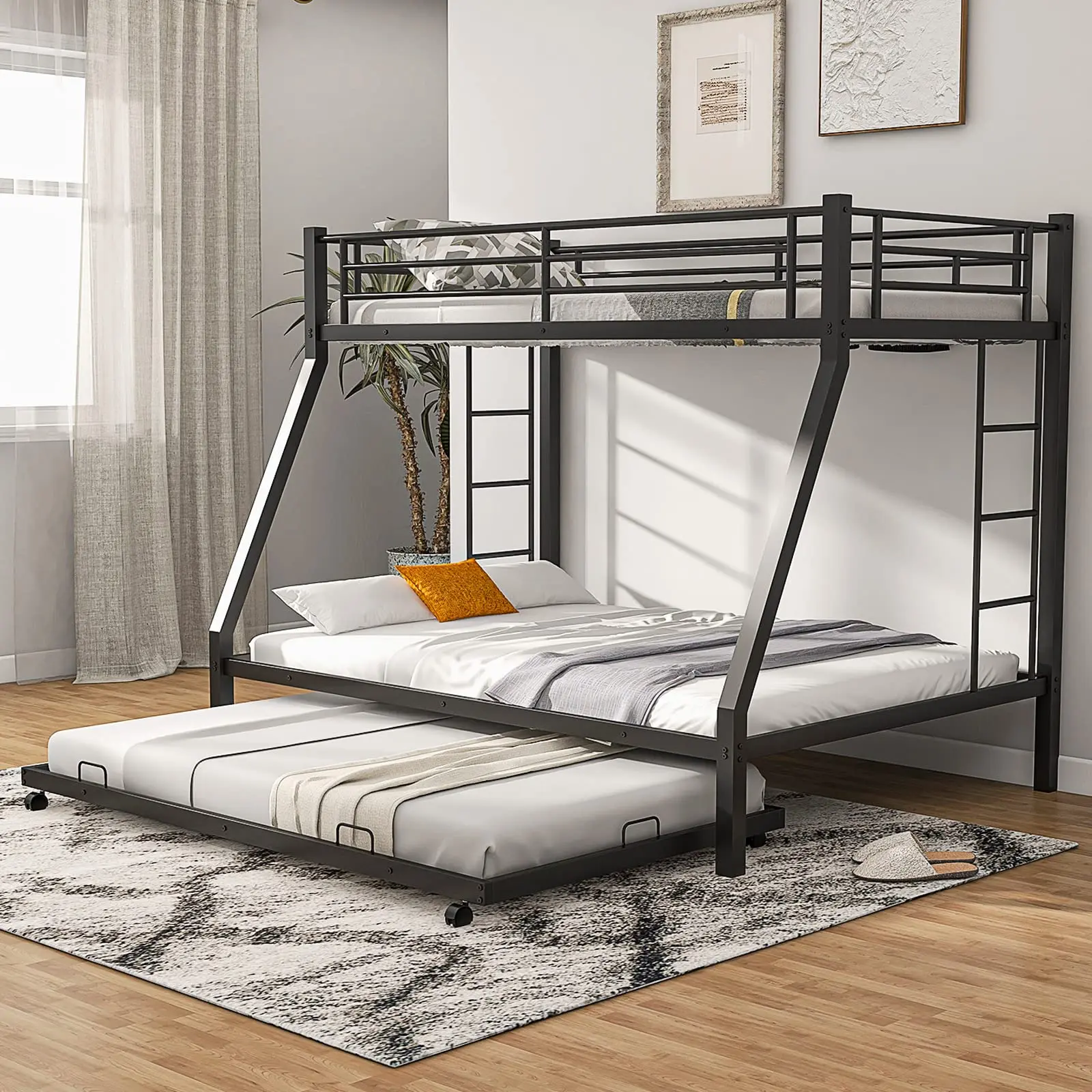 Bunk Bed with Trundle Heavy-Duty Metal Triple Bunk Beds w/Two Side Ladders & Safety Guard Rail
