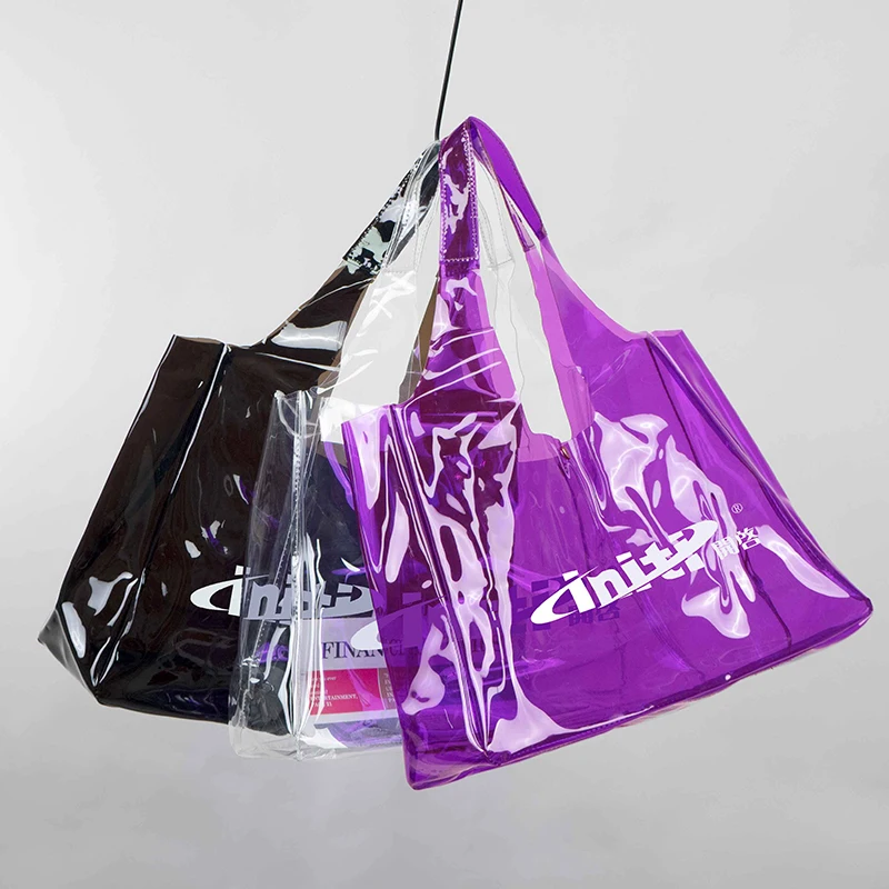 New Design Custom Logo Black Pvc Bag Clear Tote Bags Transparent Shopping Bag for Summer Beach and Swimming