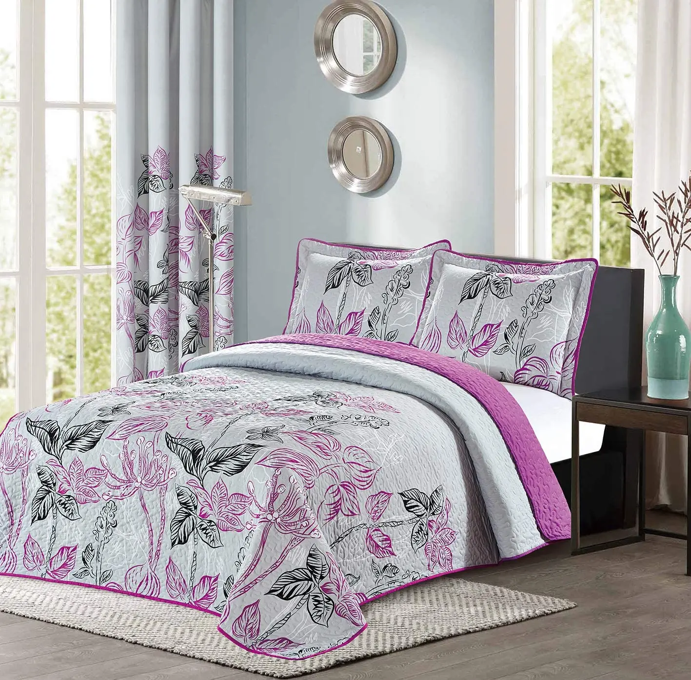 American Collection Purple and Grey Modern Plaid Bedspread and Pillow Sham Set | Matching Curtains
