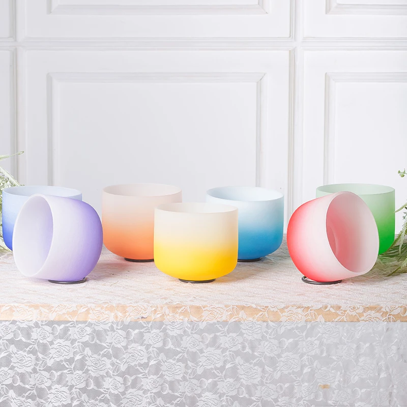 Seven half colors  Chakra Singing Bowl Set Sound Healing Healthy Free Mallets and O Rings Frosted Crystal Singing Bowls