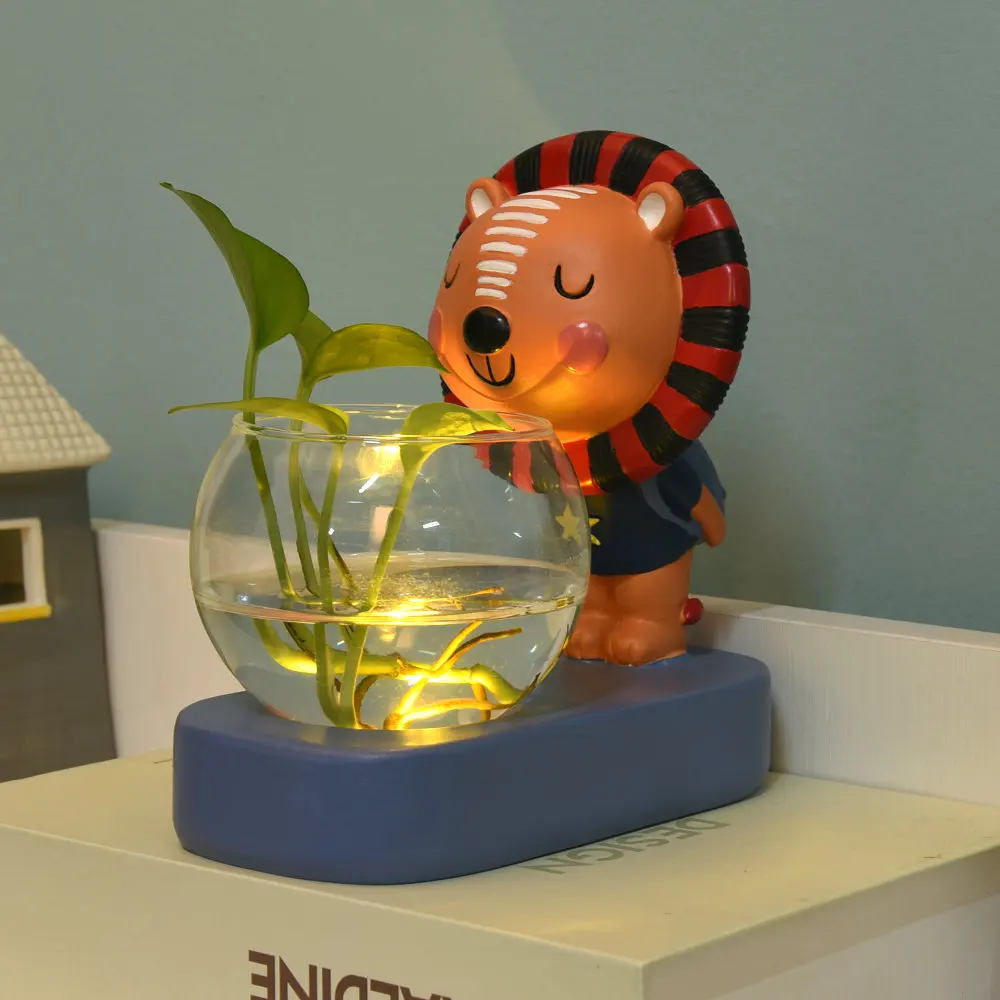 Newest Cute Animal Lion Flower Pot With Lighted Small Grass Vase Decoration