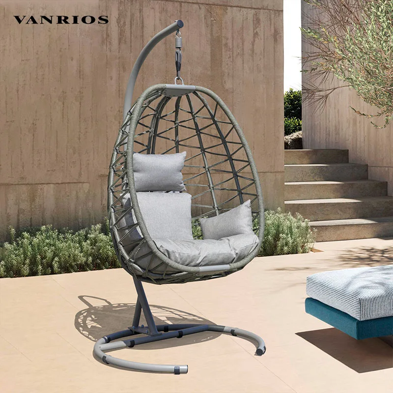 VANRIOS Garden Patio Moder Indoor Outdoor Bedroom Metal Egg shaped Swing Hammock hammock camping Chair With Stand Rattan