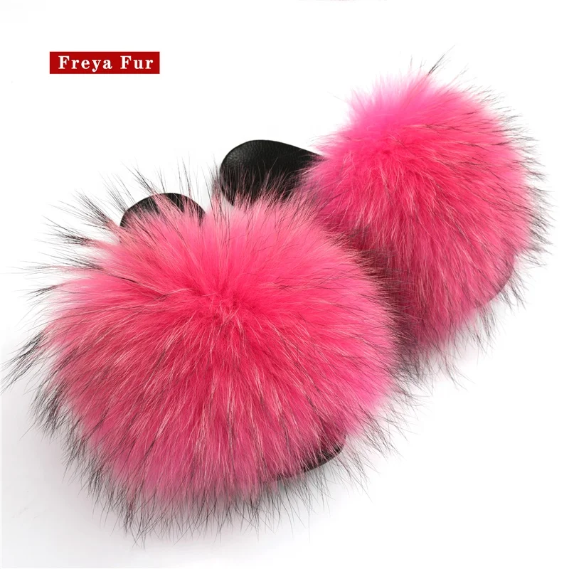 
2021 new colors women custom color designer logo two straps pink racoon fur slides with strap 