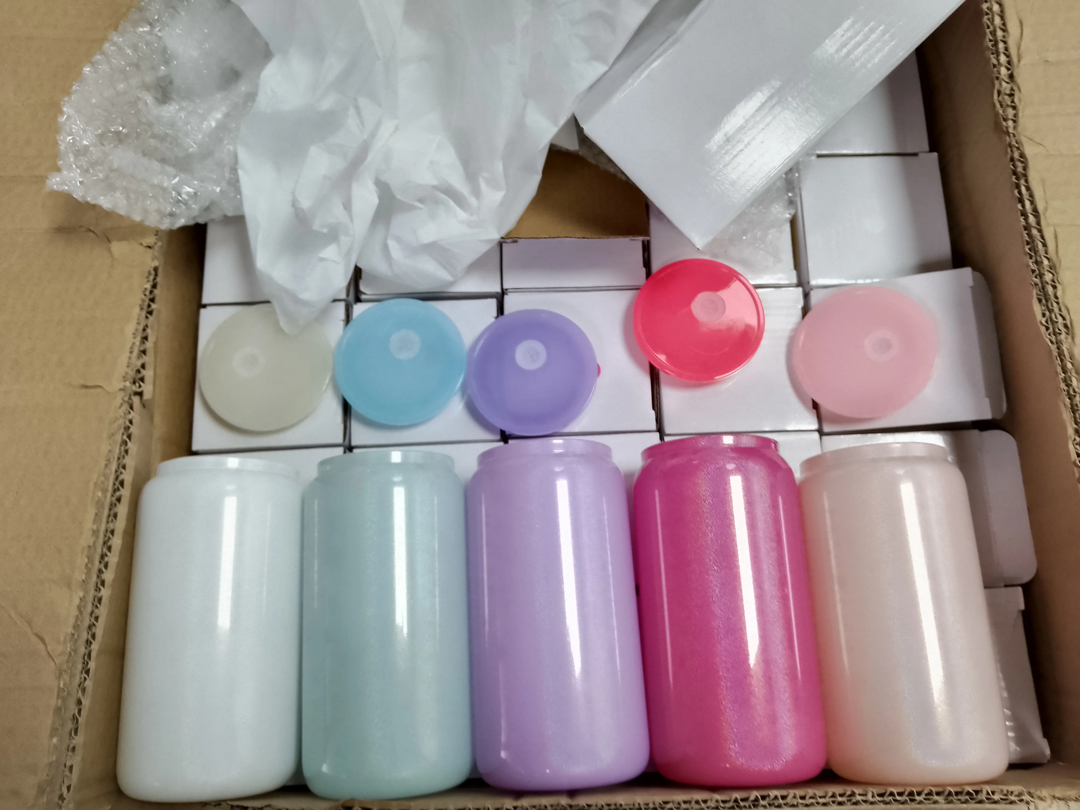 New Blanks Sublimation 16Oz Holographic Shimmer pink Ombre Glitter Libbey beer Glass Can Cup tumbler With Diy Bling Lids straw