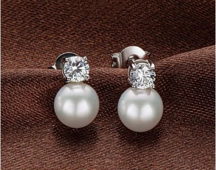 2PCS Necklace and Earring Pearl Set Silver Post Chain Freshwater 7-8mm Round White Pearl Set