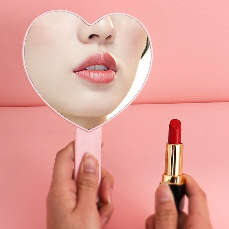 Small heart-shaped pink handheld makeup mirror beauty salon barber plastic hand mirrors portable heart-shaped mirrors for pocket