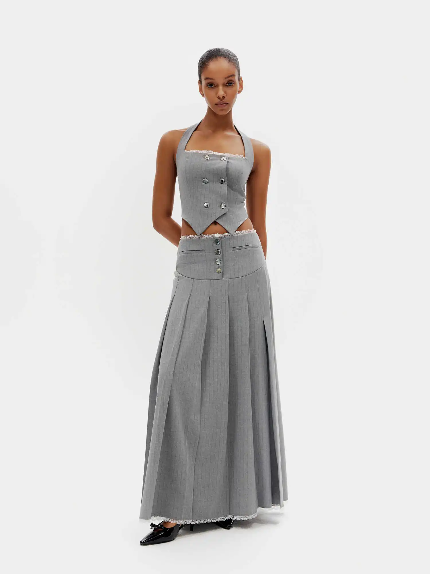 Double-breasted lace backless waistcoat suit suit gray high slit design half-length dress