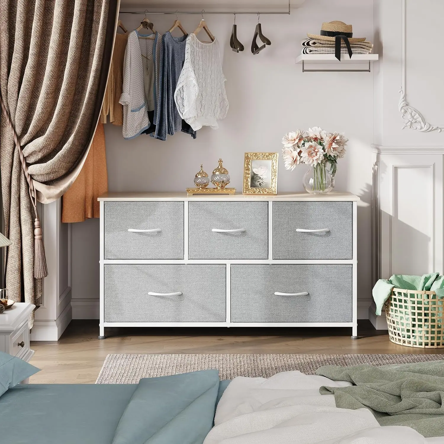 Living Room Hallway Light Grey Storage Organizer Unit Fabric Bins Closet Dresser Bedroom 5 Drawers Wide Chest Fabric Dresser