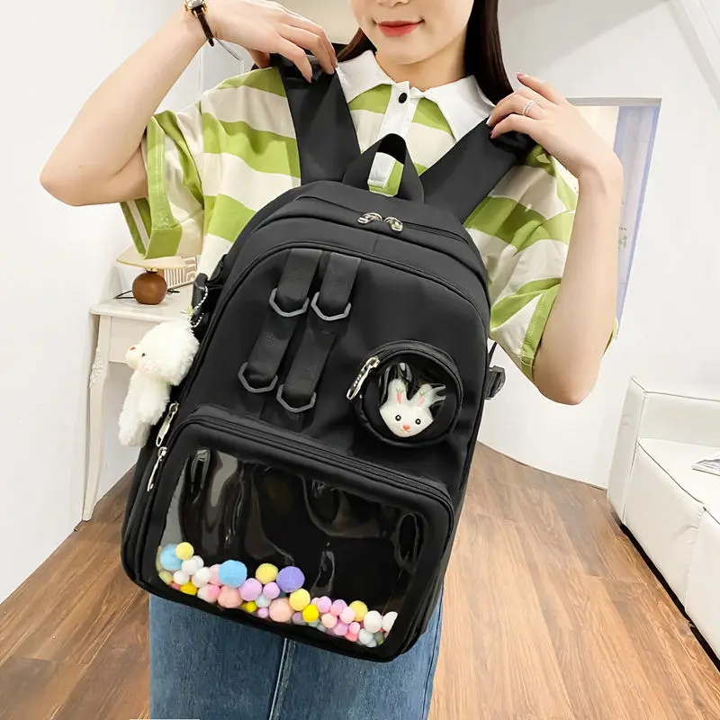 Fashion Cute Girls Schoolbag Round Pouch Waterproof Transparent Outer Pocket Lightweight Travel Laptop Backpacks with Acces