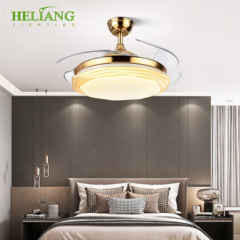 Factory sells modern acrylic gold dimmable ceiling lights with 3 blades smart remote control fan and Led lights