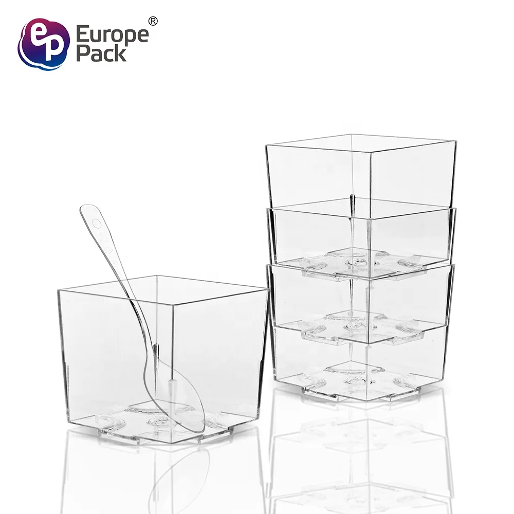 Europe-Pack 60ml 2oz disposable square PS plastic ice cream dessert pudding cup with spoon