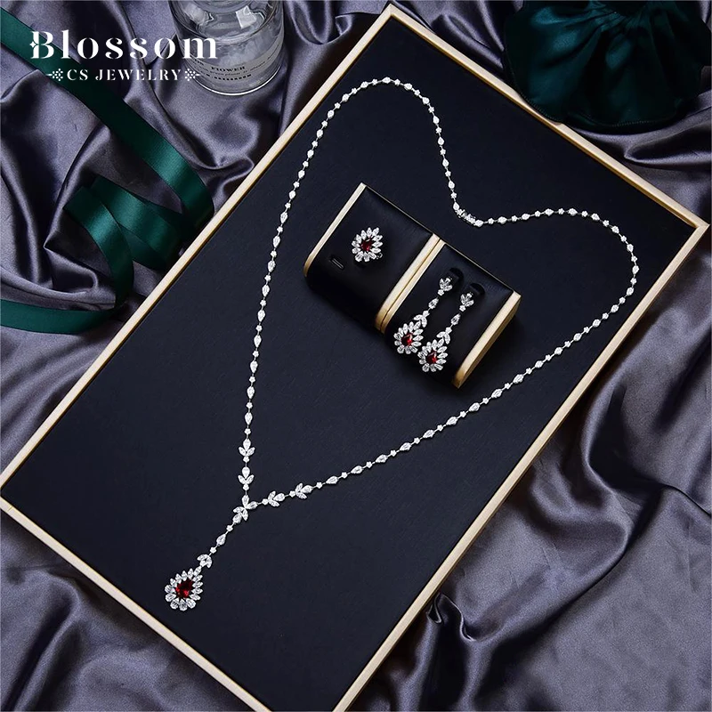 China Wholesale Dubai Ladies Long Chain Necklace Cz White Zircon Precious Stone Women 100% Fine 925 Sterling Silver Jewelry Sets