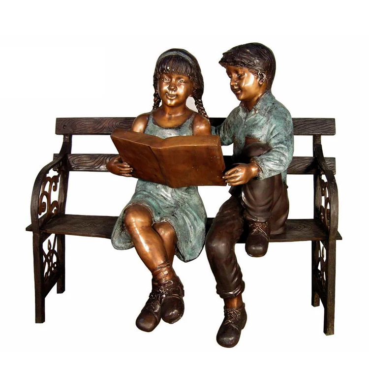 Custom size Beautiful Bronze Statue of Reading Children Boy and Girl On Bench Sculpture for School