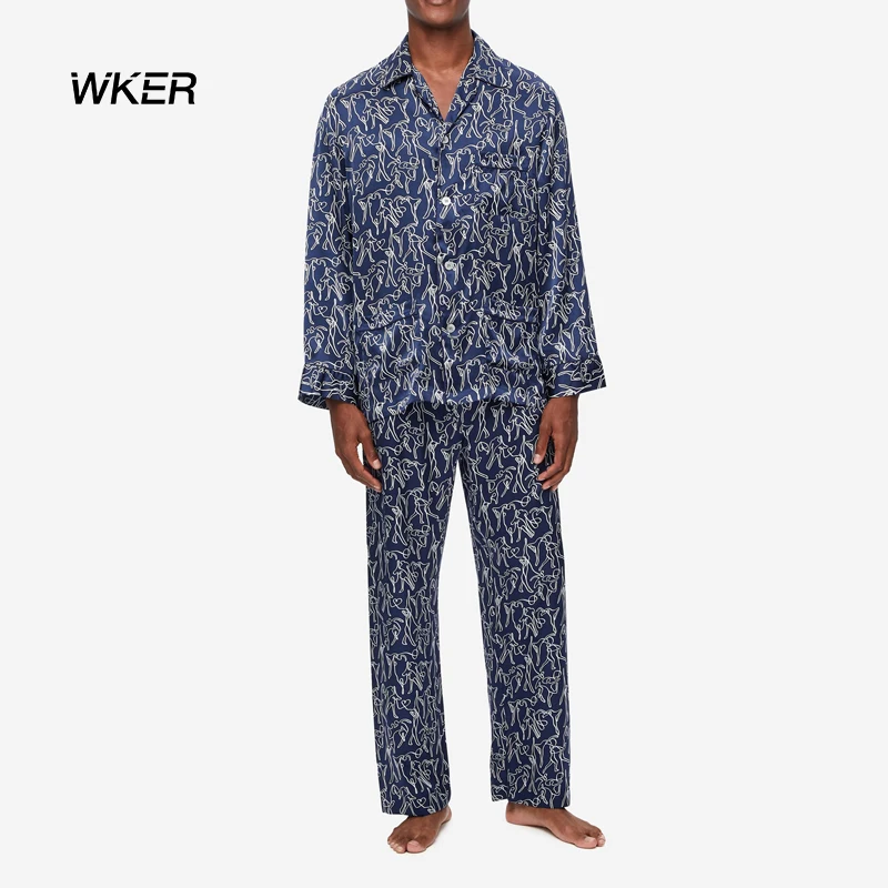 Мужская пижама WKER из двух частей с логотипом на заказ, одежда для дома с длинным рукавом, пижама, Мужская одежда для сна