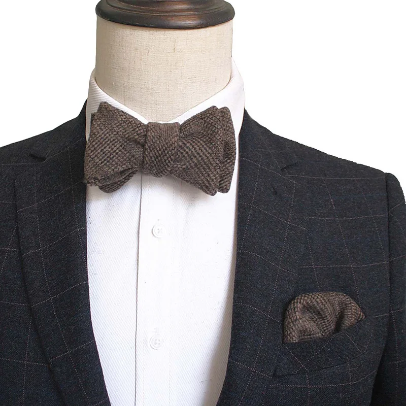 High Quality Handmade Wool Bowtie with Pocket Square Set Wedding Vintage Plaid Wool Handkerchief Groom Self Bow ties