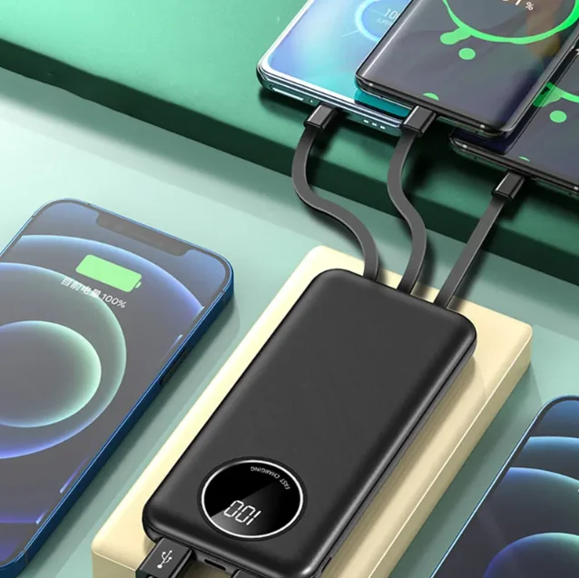 High capacity Led Digital Display 10000mAh Power Bank Cell Phone Charger Portable Built in 4 wire Cable 20000mah Power Bank