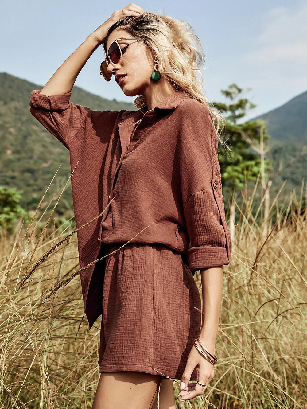 2022 new design bubble gauze women casual vacation trendy long sleeve white linen cotton 2 piece blouse short sets