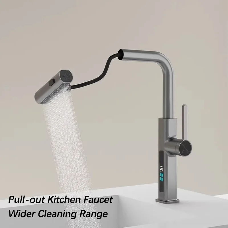 LED Kitchen Faucet Temperature Display Kitchen Sink Faucet Pull-out Three Mode Kitchen Taps Cold Hot Water Mixer Tap Hydropower