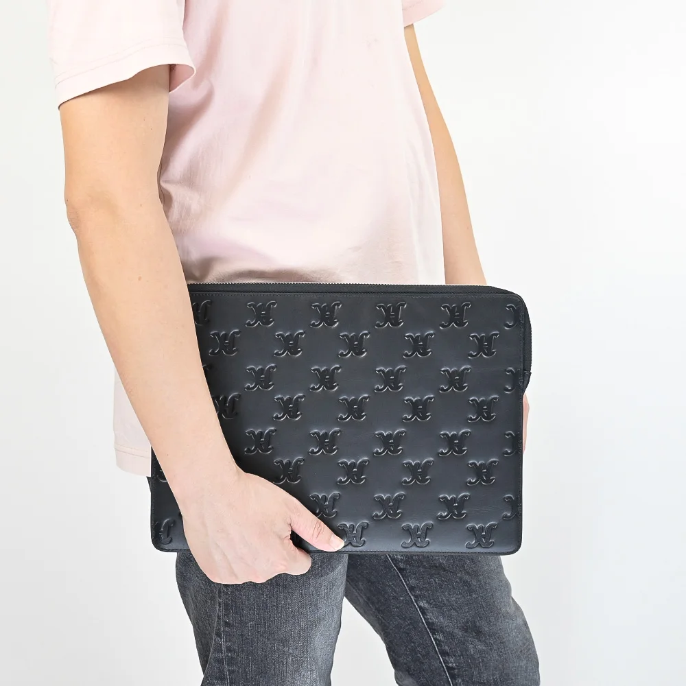 Custom full emboss logo black genuine real cow leather 13in computer protector cover laptop sleeve bag case