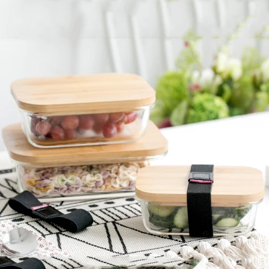 Japanese Household Bamboo Wooden Lid Glass Crisper Containers Crisper Ware Sealed Bento Box Lunch Box Microwave Refrigerator