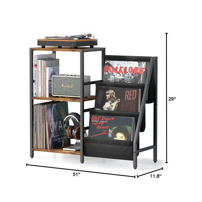 Home Living Room Furniture Steel Wood Vinyl Table with Record CD Storage Rack Shelf Magazine Rack Player Stand