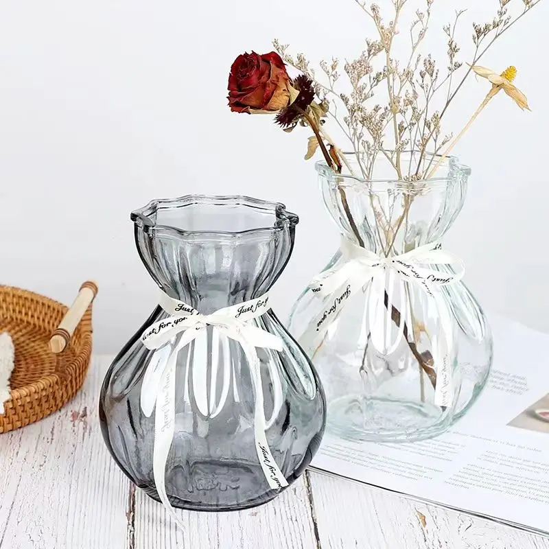 Minimalist Vase Decorative Vase European style colored transparent hydroponic glass vase with ribbon