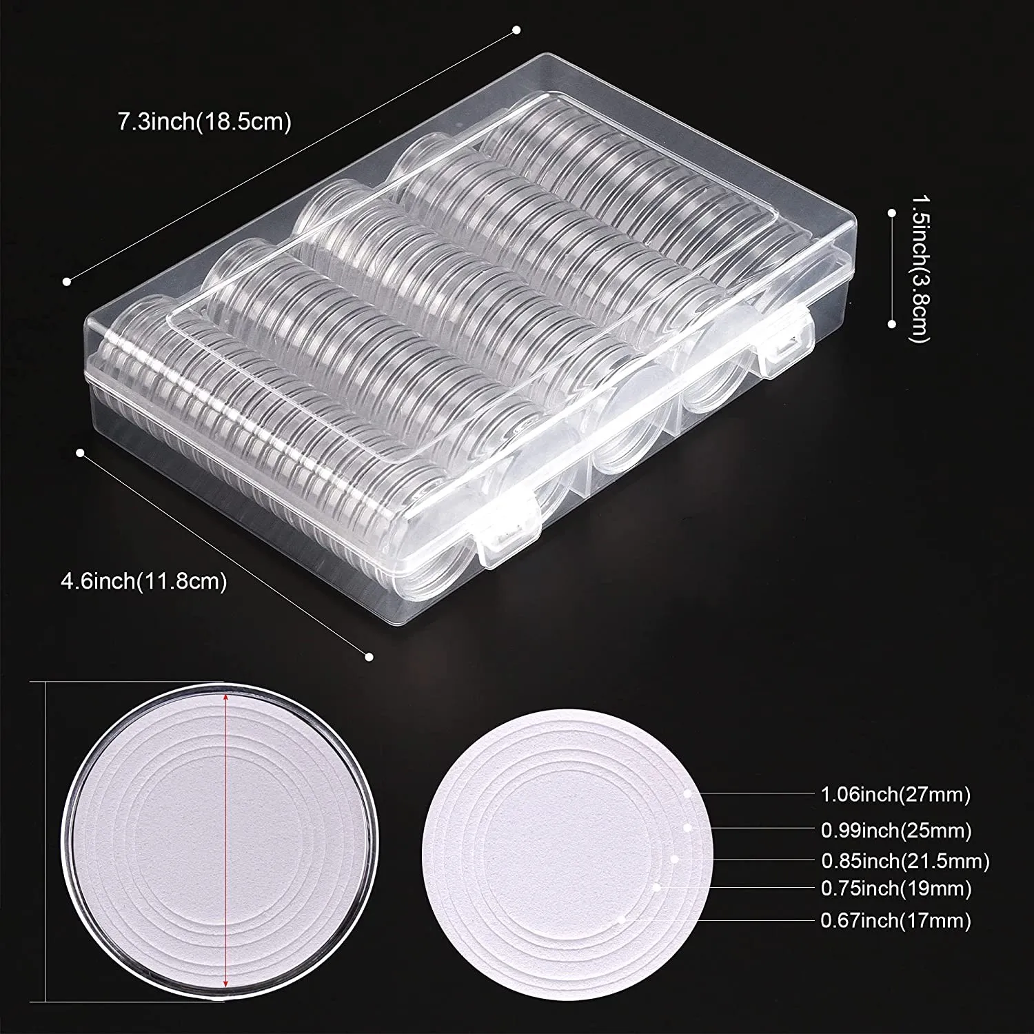 100 pieces 30mm coin capsules and 5 sizes EVA Pads Coin Holder Case Plastic Capsules Acryl Holder Coin Box