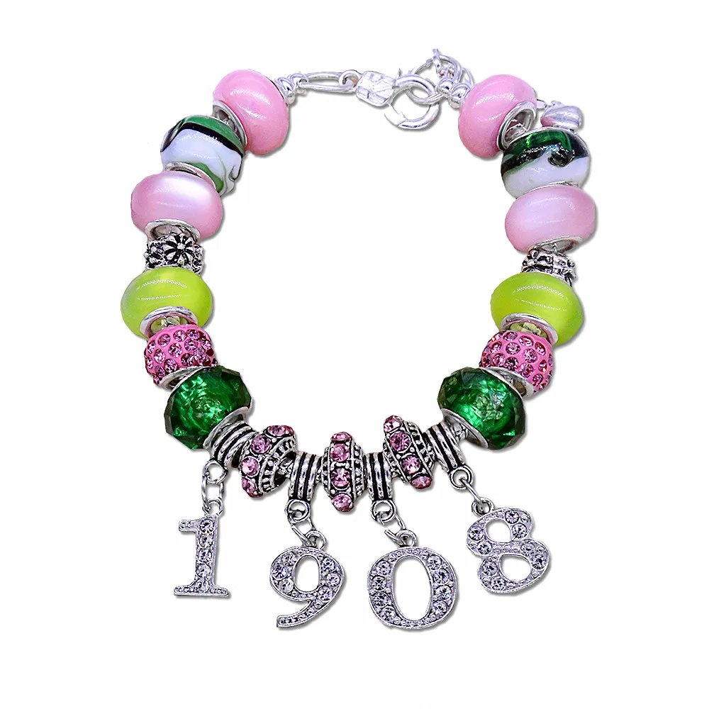 Stylish Pink And Green Stone Greek Alpha Symbol Founding Year 1908 Charms Decorated Luxury Beaded Adjustable Soror Bracelet
